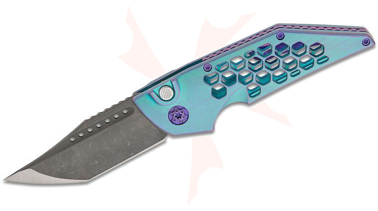 Hypercut Manufacturing Custom Dharma #0241 AUTO Folding Knife 3 inch S45VN Acid Washed Tanto Blade, Blue Skeletonized Titanium Handles with Purple Accents