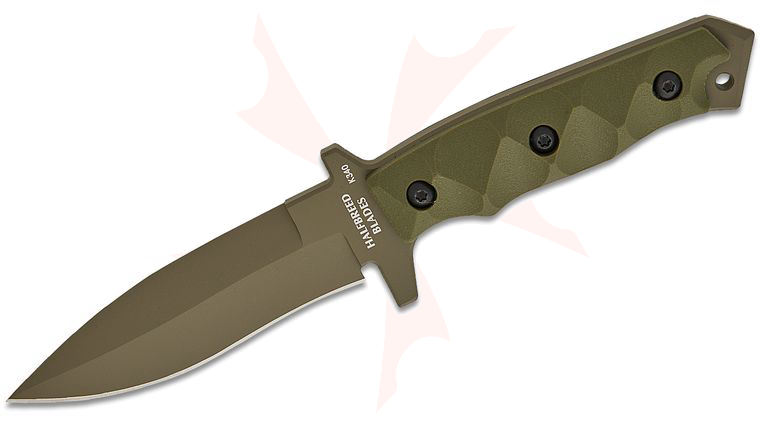 Halfbreed Blades Medium Clearance Fixed Blade Knife 4.52 inch K340 Ranger Green Teflon Spear Point Blade, G10 Handles, Molded Kydex Sheath