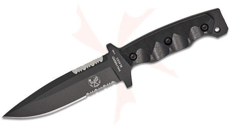 Halfbreed Blades Medium Infantry SOFMAK Fixed Blade Knife 5.31 inch K340 Black PVD Sawback Drop Point Combo Blade, Milled Black G10 Handles, Injection Molded Plastic Sheath