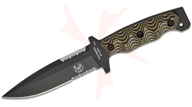 Halfbreed Blades Medium Infantry SOFMAK Fixed Blade Knife 5.31 inch K340 Black PVD Sawback Drop Point Combo Blade, Milled MultiCam G10 Handles, Injection Molded Plastic Sheath
