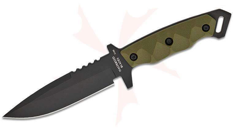 Halfbreed Blades Medium Infantry Gen-2 Fixed Blade Knife 5.31 inch K340 Black PVD Drop Point Plain Blade, Milled Ranger Green G10 Handles, Injection Molded Plastic Sheath