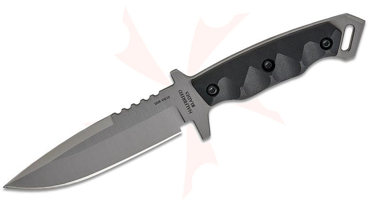 Halfbreed Blades Medium Infantry Gen-2 Fixed Blade Knife 5.31 inch SAN-VG10 Satin Drop Point Plain Blade, Milled Black G10 Handles, Injection Molded Plastic Sheath