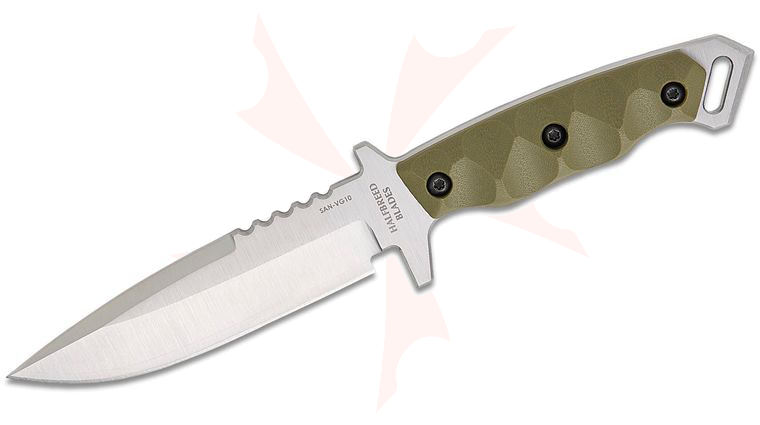 Halfbreed Blades Medium Infantry Gen-2 Fixed Blade Knife 5.31 inch SAN-VG10 Satin Drop Point Plain Blade, Milled Ranger Green G10 Handles, Injection Molded Plastic Sheath