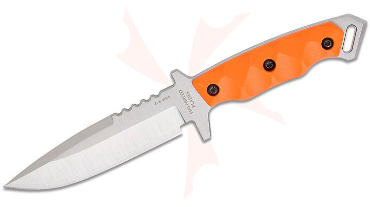 Halfbreed Blades Medium Infantry Gen-2 Fixed Blade Knife 5.31 inch SAN-VG10 Satin Drop Point Plain Blade, Milled High-Visibility Orange G10 Handles, Injection Molded Plastic Sheath