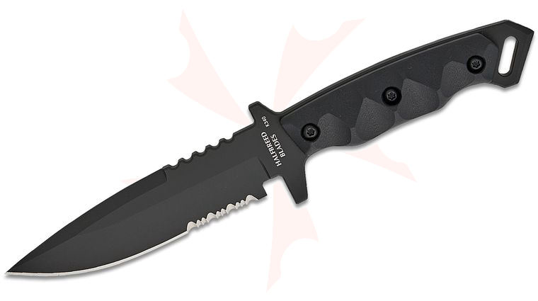 Halfbreed Blades Medium Infantry Gen-2 Fixed Blade Knife 5.31 inch K340 Black PVD Drop Point Combo Blade, Milled Black G10 Handles, Injection Molded Plastic Sheath