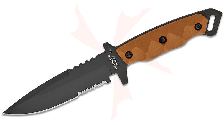 Halfbreed Blades Medium Infantry Gen-2 Fixed Blade Knife 5.31 inch K340 Black PVD Drop Point Combo Blade, Milled Dark Earth G10 Handles, Injection Molded Plastic Sheath