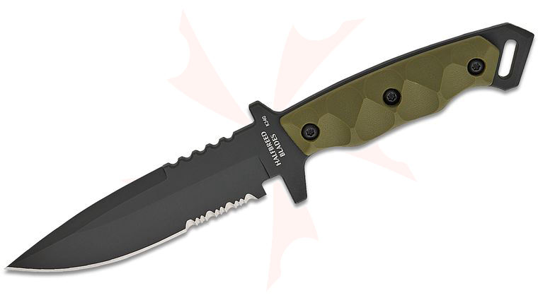 Halfbreed Blades Medium Infantry Gen-2 Fixed Blade Knife 5.31 inch K340 Black PVD Drop Point Combo Blade, Milled Ranger Green G10 Handles, Injection Molded Plastic Sheath