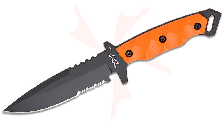 Halfbreed Blades Medium Infantry Gen-2 Fixed Blade Knife 5.31 inch K340 Black PVD Drop Point Combo Blade, Milled High-Visibility Orange G10 Handles, Injection Molded Plastic Sheath