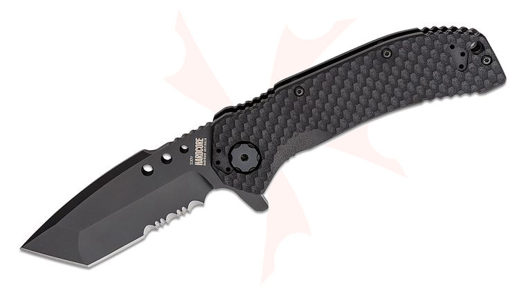 Halfbreed Blades MILSPEC Folder Series MILF-03PS Flipper Knife 3.54 inch S30V Black PVD Tanto Combo Blade, 3D Black G10 and Stainless Steel Handles