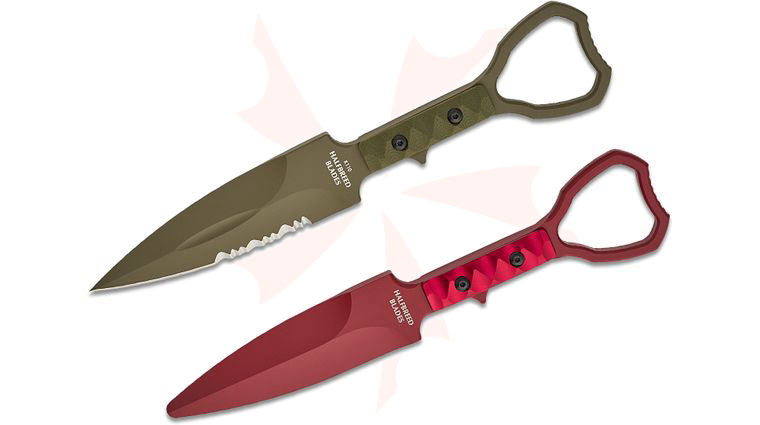 Halfbreed Blades Compact Clearance Fixed Blade Knife and Trainer Set 4.01 inch D2 Ranger Green Teflon Combo Edge Dagger, Milled G10 Handles, Injection Molded Sheath