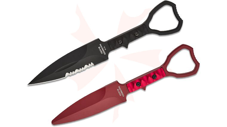 Halfbreed Blades Compact Clearance Fixed Blade Knife and Trainer Set 4.01 inch D2 Black Teflon Combo Edge Dagger, Milled G10 Handles, Injection Molded Sheath