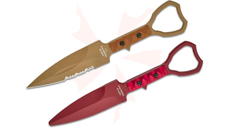 Halfbreed Blades Compact Clearance Fixed Blade Knife and Trainer Set 4.01 inch D2 Dark Earth Teflon Combo Edge Dagger, Milled G10 Handles, Injection Molded Sheath