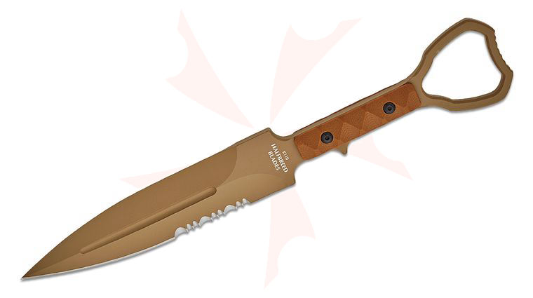 Halfbreed Blades Compact Clearance XL Fixed Blade Knife 5.11 inch D2 Dark Earth Teflon Combo Edge Dagger Blade, Milled G10 Handles, Injection Molded Sheath