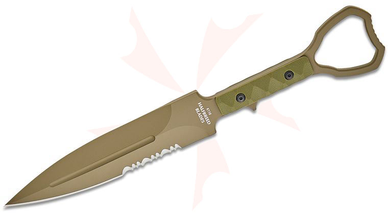 Halfbreed Blades Compact Clearance XL Fixed Blade Knife 5.11 inch D2 Ranger Green Teflon Combo Edge Dagger Blade, Milled G10 Handles, Injection Molded Sheath