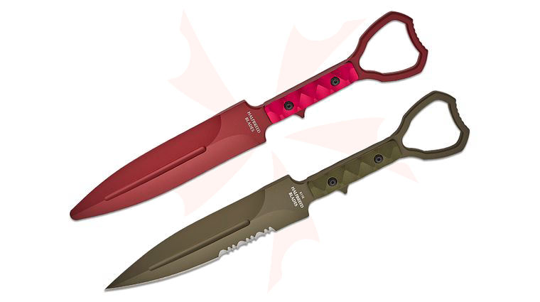 Halfbreed Blades Compact Clearance XL Fixed Blade Knife and Trainer Set 5.11 inch D2 Ranger Green Teflon Combo Edge Dagger Blade, Milled G10 Handles, Injection Molded Sheath