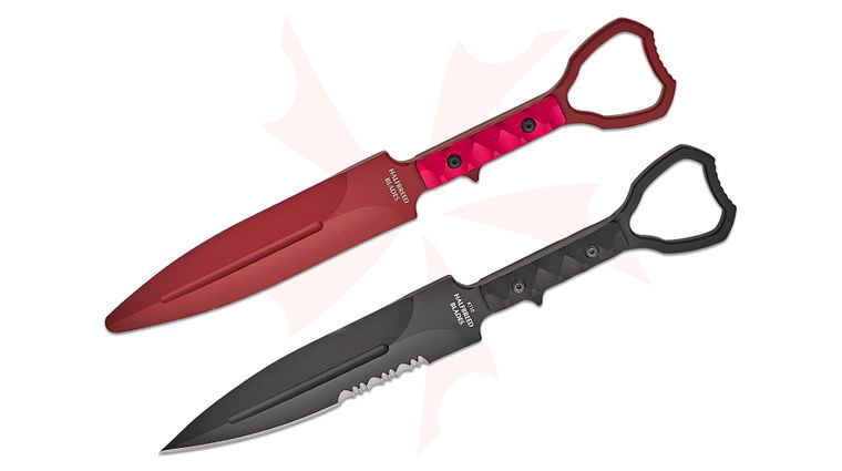 Halfbreed Blades Compact Clearance XL Fixed Blade Knife and Trainer Set 5.11 inch D2 Black Teflon Combo Edge Dagger Blade, Milled G10 Handles, Injection Molded Sheath