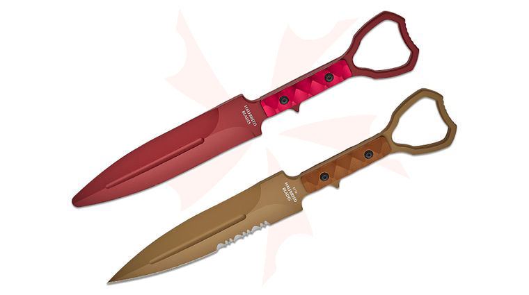 Halfbreed Blades Compact Clearance XL Fixed Blade Knife and Trainer Set 5.11 inch D2 Dark Earth Teflon Combo Edge Dagger Blade, Milled G10 Handles, Injection Molded Sheath