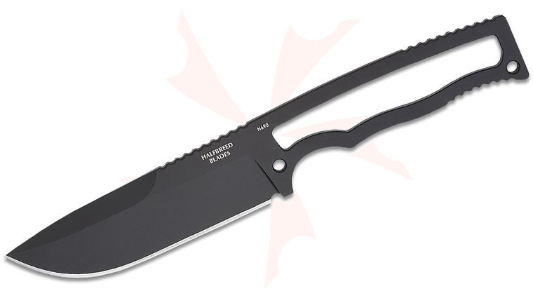 Halfbreed Blades Compact Field Fixed Blade Knife 4.01 inch N690 Black PVD Drop Point Blade and Skeletonized Handle, Injection Molded Plastic Sheath