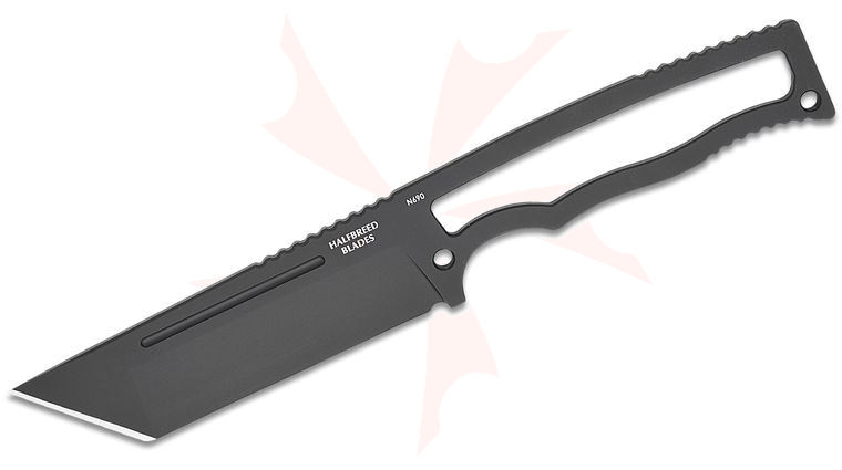 Halfbreed Blades Compact Field Fixed Blade Knife 4.01 inch N690 Black PVD Tanto Blade and Skeletonized Handle, Injection Molded Plastic Sheath