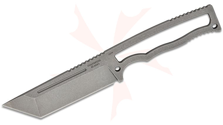 Halfbreed Blades Compact Field Fixed Blade Knife 4.01 inch N690 Stonewashed Tanto Blade and Skeletonized Handle, Injection Molded Plastic Sheath