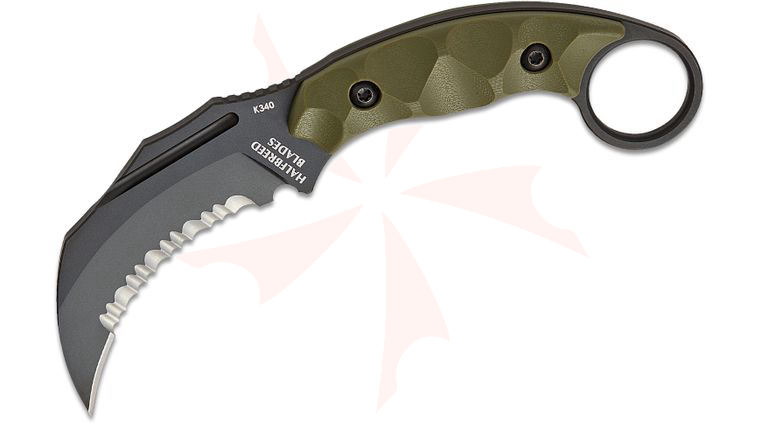 Halfbreed Blades Jared Wihongi CQB-02S Talon Fixed Blade Knife 3.54 inch K340 Black PVD Talon Point Serrated Blade, Milled Ranger Green G10 Handles with Pinky Ring, IWB Molded Kydex Sheath