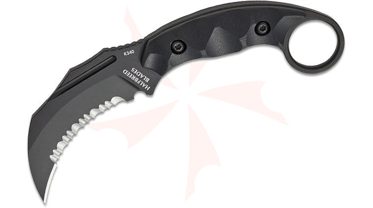 Halfbreed Blades Jared Wihongi CQB-02S Talon Fixed Blade Knife 3.54 inch K340 Black PVD Talon Point Serrated Blade, Milled Black G10 Handles with Pinky Ring, IWB Molded Kydex Sheath