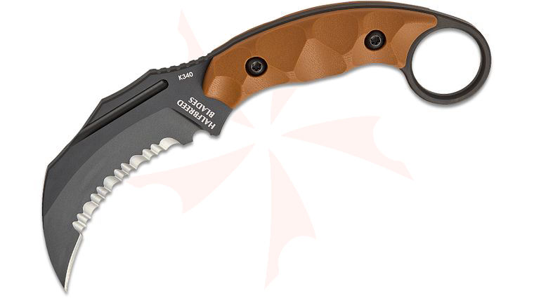 Halfbreed Blades Jared Wihongi CQB-02S Talon Fixed Blade Knife 3.54 inch K340 Black PVD Talon Point Serrated Blade, Milled Dark Earth G10 Handles with Pinky Ring, IWB Molded Kydex Sheath