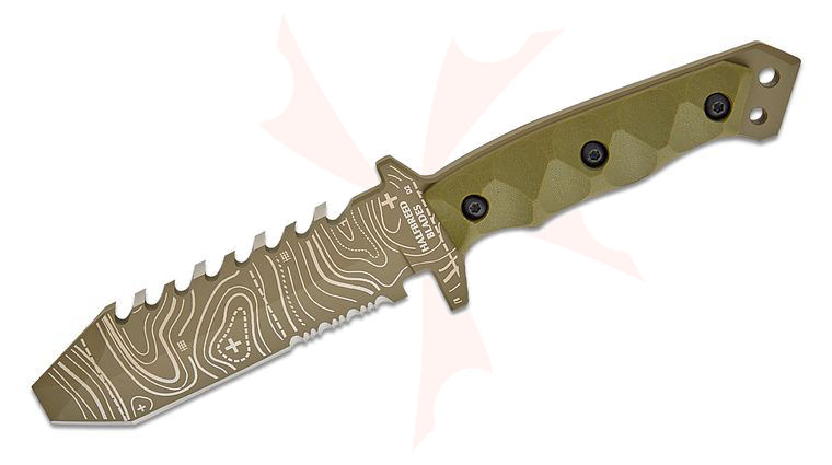 Halfbreed Blades Emergency Rescue Fixed TOPO Blade Knife 5.11 inch D2 Ranger Green Teflon Topographic Chisel Point Tanto Sawback Blade, G10 Handles, Molded Kydex Sheath
