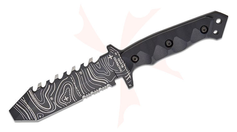 Halfbreed Blades Emergency Rescue Fixed TOPO Blade Knife 5.11 inch D2 Black Teflon Topographic Chisel Point Tanto Sawback Blade, G10 Handles, Molded Kydex Sheath