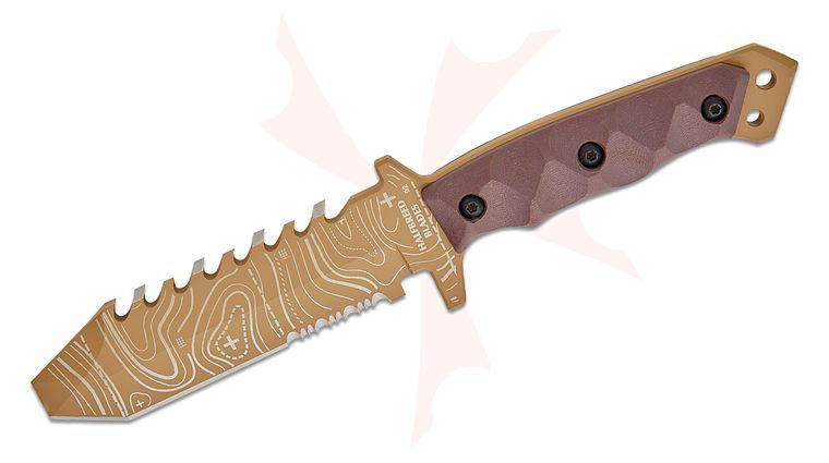 Halfbreed Blades Emergency Rescue Fixed TOPO Blade Knife 5.11 inch D2 Dark Earth Teflon Topographic Chisel Point Tanto Sawback Blade, G10 Handles, Molded Kydex Sheath
