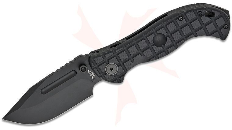 Halfbreed Blades Large Bush LINQ Lock Folding Knife Gen-2 4.13 inch CPM-3V Black PVD Drop Point Blade, Black Frag G10 Handles