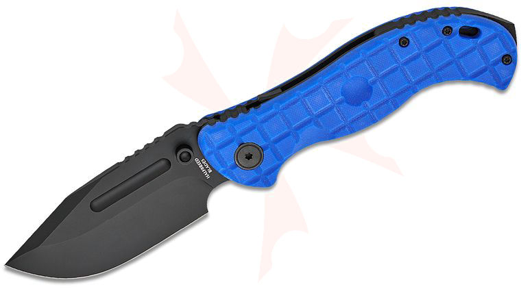 Halfbreed Blades Large Bush LINQ Lock Folding Knife Gen-2 4.13 inch CPM-3V Black PVD Drop Point Blade, Sapphire Blue Frag G10 Handles