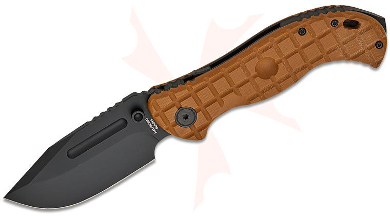 Halfbreed Blades Large Bush LINQ Lock Folding Knife Gen-2 4.13 inch CPM-3V Black PVD Drop Point Blade, Dark Earth Frag G10 Handles