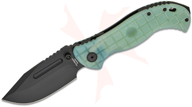 Halfbreed Blades Large Bush LINQ Lock Folding Knife Gen-2 4.13 inch CPM-3V Black PVD Drop Point Blade, Jade Green (Natural) Frag G10 Handles