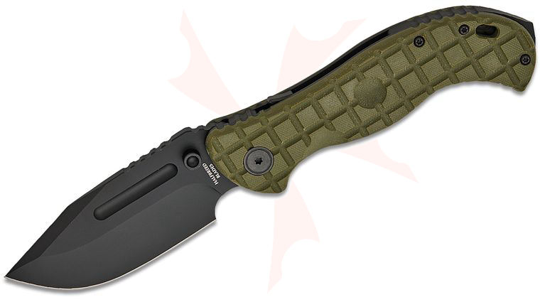 Halfbreed Blades Large Bush LINQ Lock Folding Knife Gen-2 4.13 inch CPM-3V Black PVD Drop Point Blade, Ranger Green Frag G10 Handles