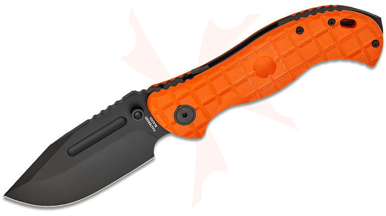 Halfbreed Blades Large Bush LINQ Lock Folding Knife Gen-2 4.13 inch CPM-3V Black PVD Drop Point Blade, Hi-Viz Orange Frag G10 Handles