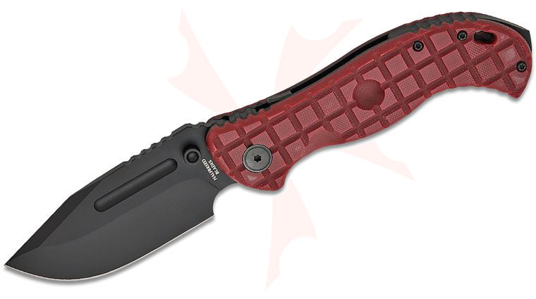Halfbreed Blades Large Bush LINQ Lock Folding Knife Gen-2 4.13 inch CPM-3V Black PVD Drop Point Blade, Cherry Red Frag G10 Handles
