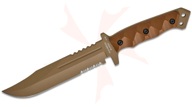 Halfbreed Blades Gen-2 Large Infantry Fixed Blade Knife 6.89 inch K340 Dark Earth Teflon Clip Point Combo Blade, Contoured G10 Handles, Molded Kydex Sheath
