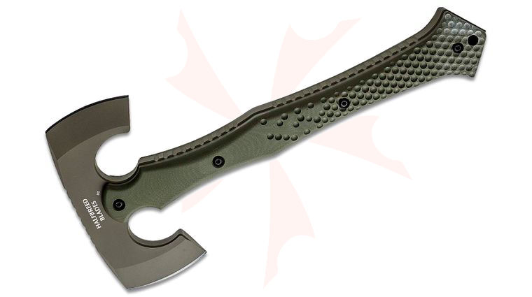 Halfbreed Blades Compact Battle Axe 12.59 inch Overall, Double Edge Tomahawk, D2 Ranger Green Teflon, G10 Handles, Molded Kydex Sheath