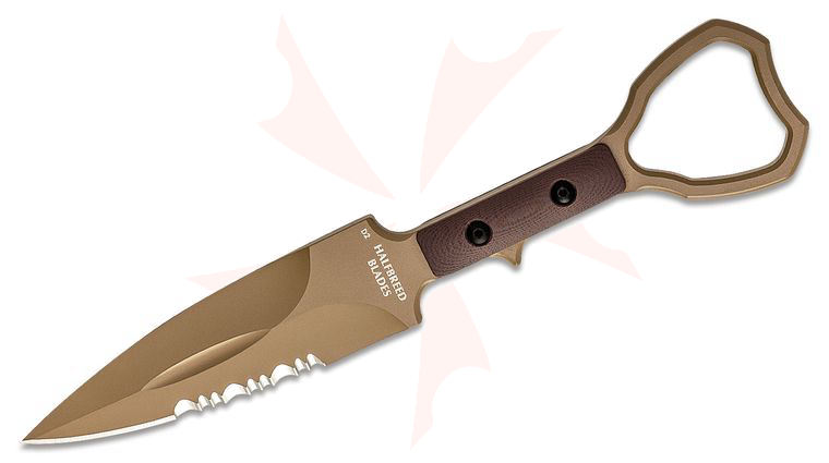Halfbreed Blades Compact Clearance Fixed Blade Knife 4.01 inch D2 Dark Earth Teflon Combo Edge Dagger Blade, G10 Handles, Injection Molded Sheath