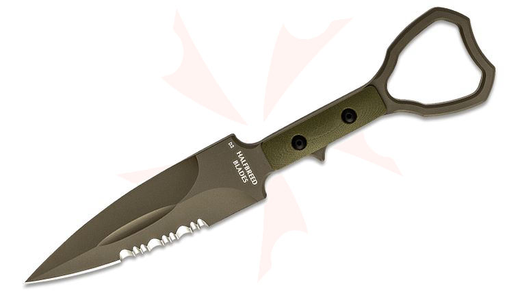 Halfbreed Blades Compact Clearance Fixed Blade Knife 4.01 inch D2 Ranger Green Teflon Combo Edge Dagger Blade, G10 Handles, Injection Molded Sheath
