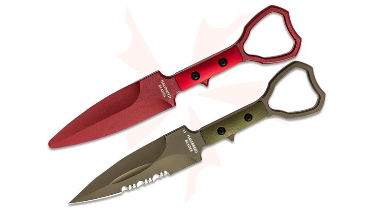 Halfbreed Blades Compact Clearance Fixed Blade Knife and Trainer Set 4.01 inch D2 Ranger Green Teflon Combo Edge Dagger, G10 Handles, Injection Molded Sheath