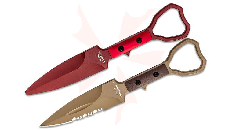 Halfbreed Blades Compact Clearance Fixed Blade Knife and Trainer Set 4.01 inch D2 Dark Earth Teflon Combo Edge Dagger, G10 Handles, Injection Molded Sheath