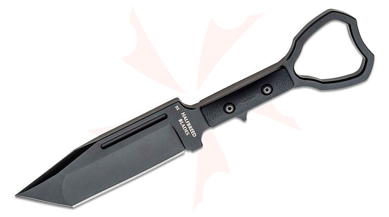 Halfbreed Blades Compact Clearance Fixed Blade Knife 3.94 inch D2 Black Teflon Tanto Blade, G10 Handles, Injection Molded Sheath