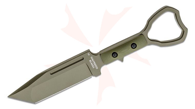 Halfbreed Blades Compact Clearance Fixed Blade Knife 3.94 inch D2 Ranger Green Teflon Tanto Blade, G10 Handles, Injection Molded Sheath