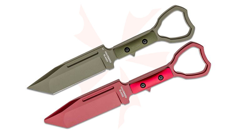 Halfbreed Blades Compact Clearance Fixed Blade Knife and Trainer Set 3.94 inch D2 Ranger Green Teflon Tanto Blade, G10 Handles, Injection Molded Sheath