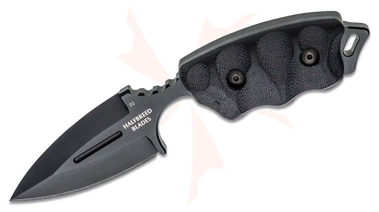Halfbreed Blades Compact Clearance Fixed Blade Knife 2.95 inch D2 Black Teflon Spear Point Blade, G10 Handles, Injection Molded Sheath