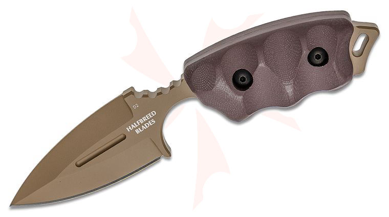 Halfbreed Blades Compact Clearance Fixed Blade Knife 2.95 inch D2 Dark Earth Teflon Spear Point Blade, G10 Handles, Injection Molded Sheath