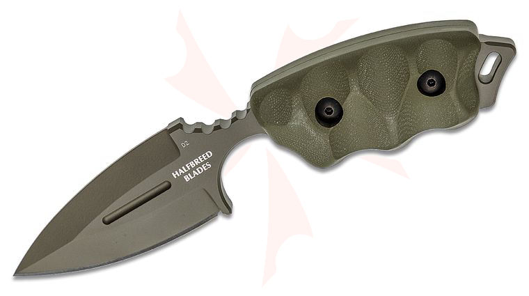 Halfbreed Blades Compact Clearance Fixed Blade Knife 2.95 inch D2 Ranger Green Teflon Spear Point Blade, G10 Handles, Injection Molded Sheath