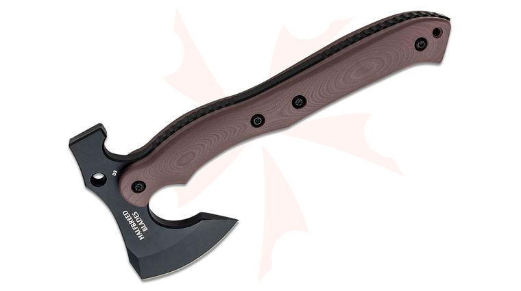 Halfbreed Blades Compact Rescue Axe Duotone 9.52 inch Overall, Tomahawk with Hammer Head, D2 Black Teflon, Dark Earth G10 Handles, Molded Kydex Sheath